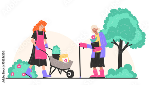 Granddaughter and grandmother do gardening together