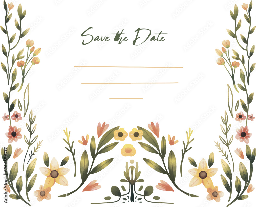 Fototapeta premium wedding card with yellow and orange watercolor texture flowers, dan leaves. Frame with flowers. Floral greeting card