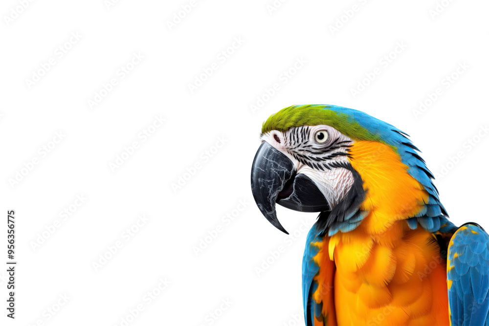 Fototapeta premium Blue, yellow, green macaw with black beak, vibrant colors, tropical theme, birds of paradise, exotic pet shops, nature illustrations