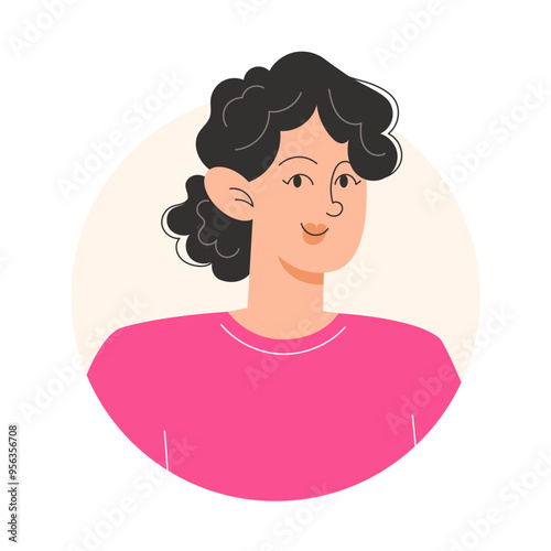 User icon of young  woman with curly black hair in flat style