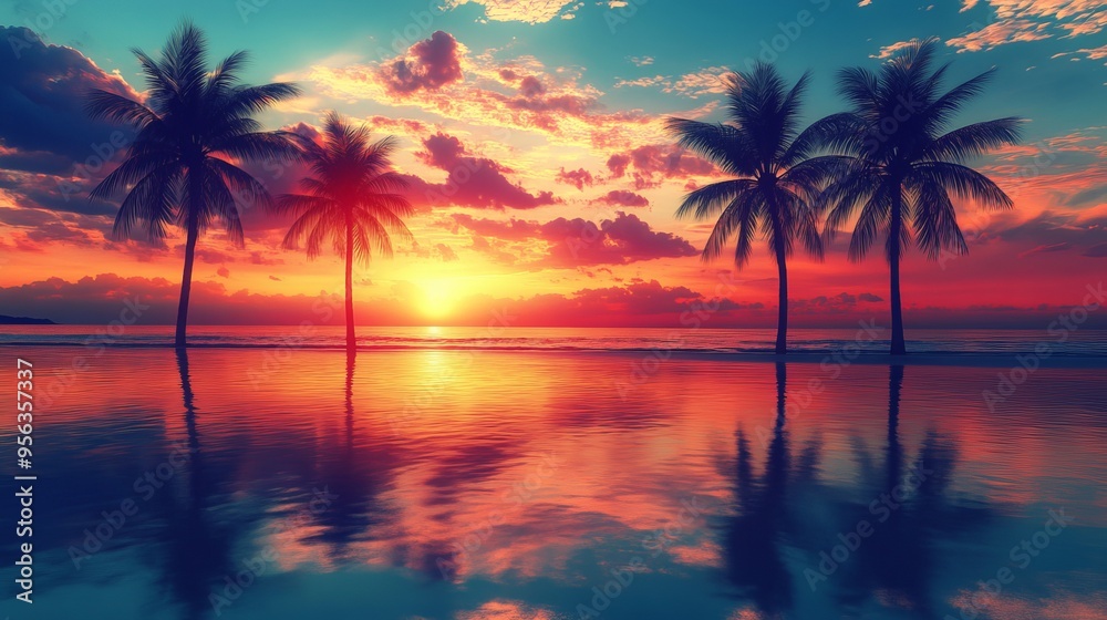 Vibrant sunset over calm waters with silhouette of palm trees in paradise Vibrant sunset over calm waters with silhouette of palm trees in paradise