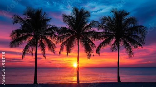 Tropical sunset over the ocean with silhouetted palm trees at twilight