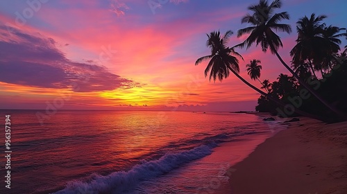 Vibrant sunset over a tranquil beach with palm trees on a warm evening