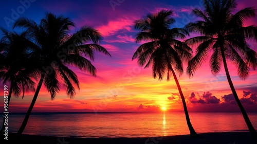 Beautiful sunset with palm trees along a tropical beach at dusk