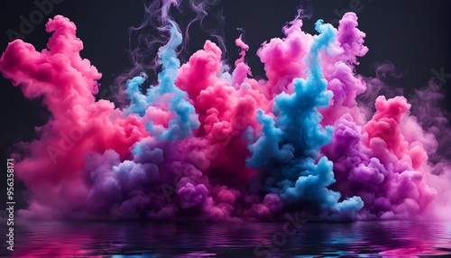 An image of a cloud of ink and color pigment in acrylic suspended in water. The entire picture exudes an abstract, dreamlike atmosphere. 