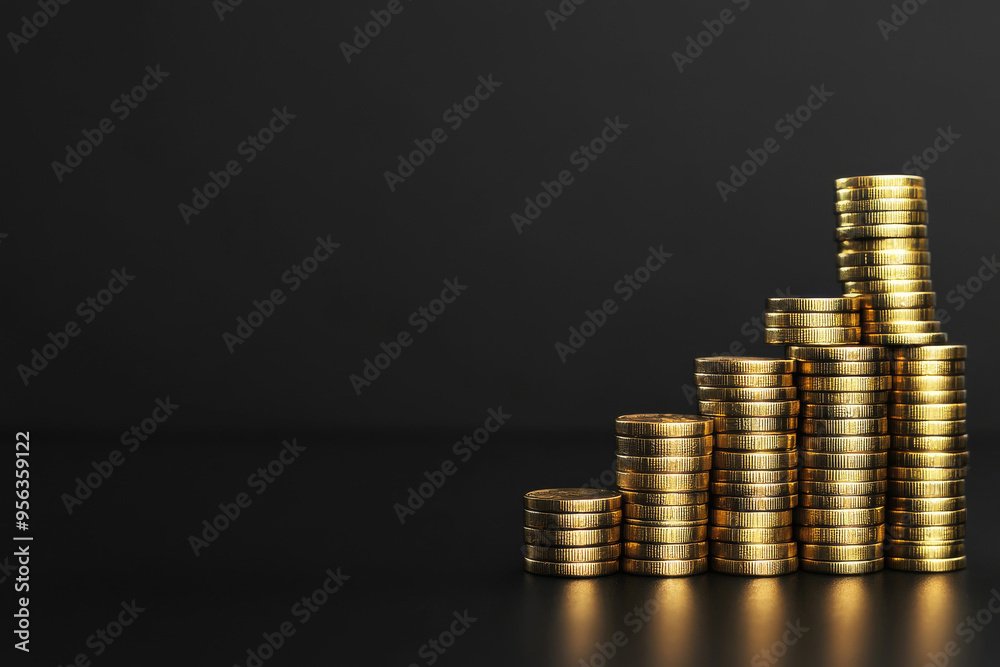 Stacked gold coins, blurred dark background, close-up. Stacked gold coins, blurred dark background, close-up.