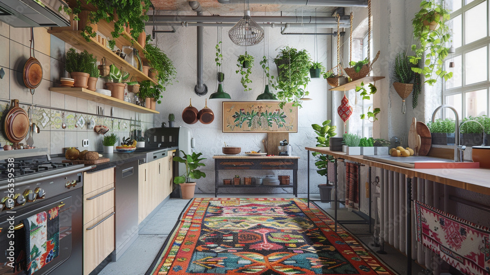 a boho kitchen with hanging plants and patterned rugs a boho kitchen with hanging plants and patterned rugs