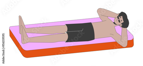 Relaxed latin american man lying on pool air mattress 2D cartoon character. Hispanic guy chilling at poolside isolated person flat vector on white background. Spot illustration colorful