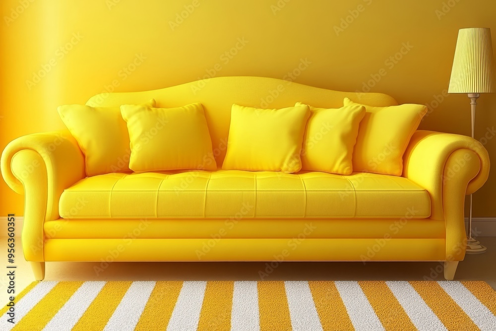 Fototapeta premium Bright Yellow Sofa With Cushions, Lamp On Yellow Wall Background. Modern Interior Design.