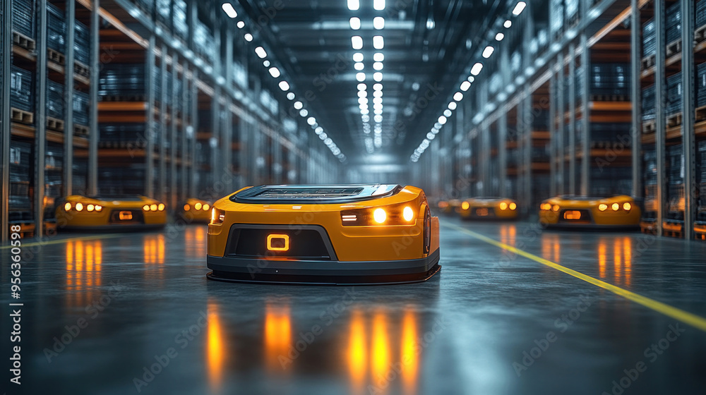 AGV Fleet in a Warehouse: A fleet of AGVs coordinating to transport items in a large warehouse, highlighting the scalability of Industry 4.0 solutions. AGV Fleet in a Warehouse: A fleet of AGVs coordinating to transport items in a large warehouse, highlighting the scalability of Industry 4.0 solutions.
