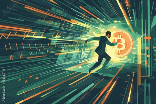 Businessman Chasing Crypto Profits, Overwhelmed by FOMO and Greed, Running to Follow Successful Traders