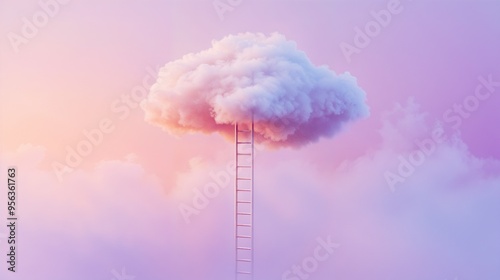 A tall ladder is extending upwards towards a fluffy cloud in the sky
