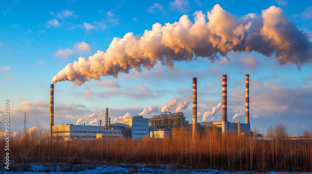 Fototapeta premium Elektrownia z kominami wytwarzającymi dym, z niebieskim niebem w tle. Obrazek pokazuje emisję CO2 do atmosfery i podkreśla wyzwania związane z zanieczyszczeniem powietrza oraz rynek handlu emisjami.