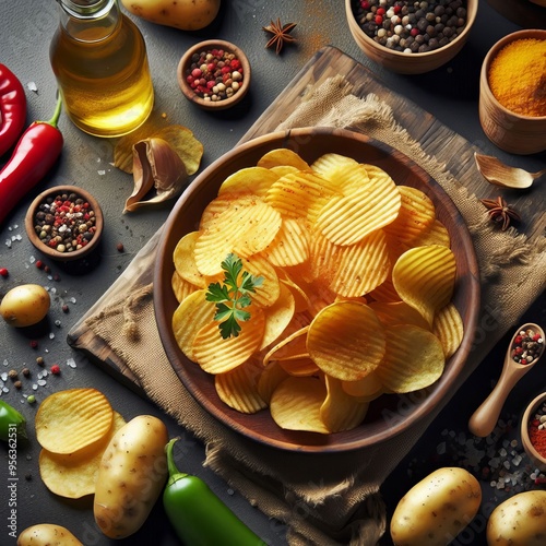 94 Potato Chips Thin slices of potatoes deep fried or baked unti photo