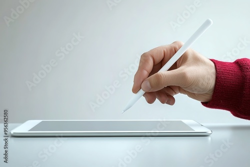 Hand holding stylus over digital tablet photo