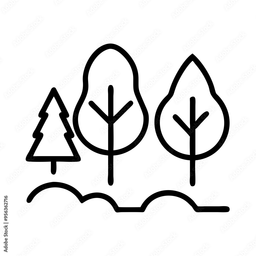 Forest Icon with Three Trees, Black and White, Nature Scene Design Forest Icon with Three Trees, Black and White, Nature Scene Design