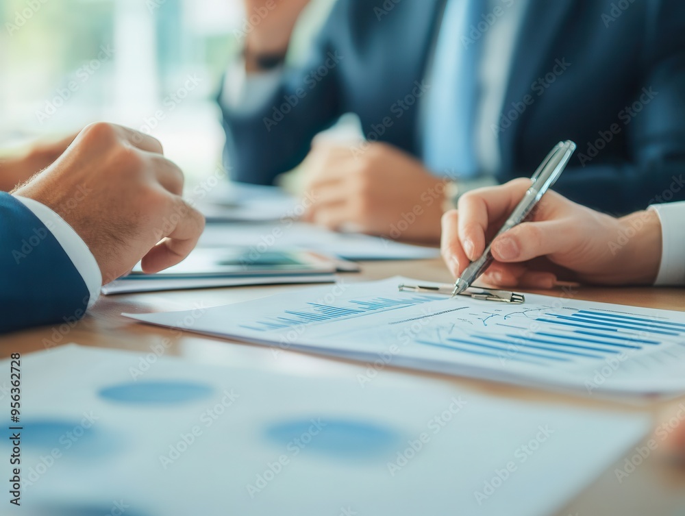 Hands of business professionals analyzing graphs and charts during a meeting, focusing on collaboration and strategy planning. Hands of business professionals analyzing graphs and charts during a meeting, focusing on collaboration and strategy planning.