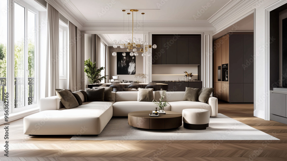 Współczesny salon z eleganckim parkietem i nowoczesnymi meblami. Minimalistyczny design i wyrafinowane akcesoria nadają wnętrzu nowoczesny  wygląd.