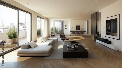 Wallpaper Mural Współczesny salon z eleganckim parkietem i nowoczesnymi meblami. Minimalistyczny design i wyrafinowane akcesoria nadają wnętrzu nowoczesny  wygląd. Torontodigital.ca