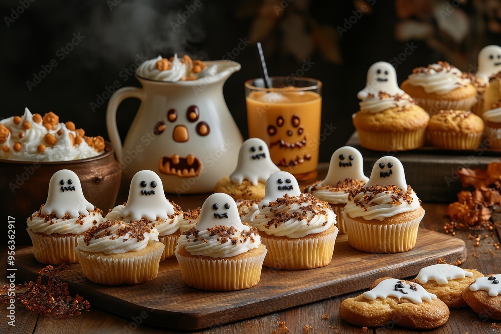  A delightful assortment of Halloween-themed cupcakes and cookies displayed on a wooden board.