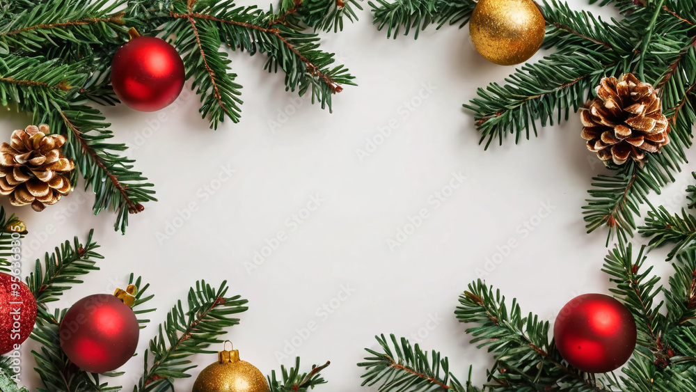 Christmas Background with Fir Branches Decorated with Red and Gold New Year Balls on White, Elegant and Festive Christmas Background with Fir Branches Decorated with Red and Gold New Year Balls on White, Elegant and Festive