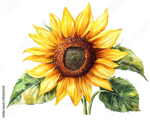 Watercolor painting of a sunflower with two leaves photo