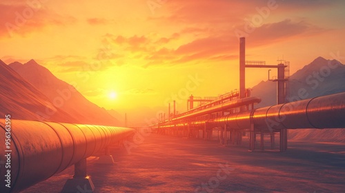 A stunning sunset over industrial pipelines in a mountainous landscape.