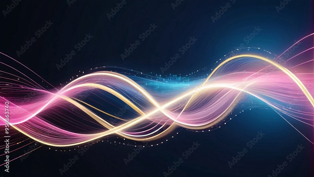 Abstract glowing wave lines on a dark blue background.