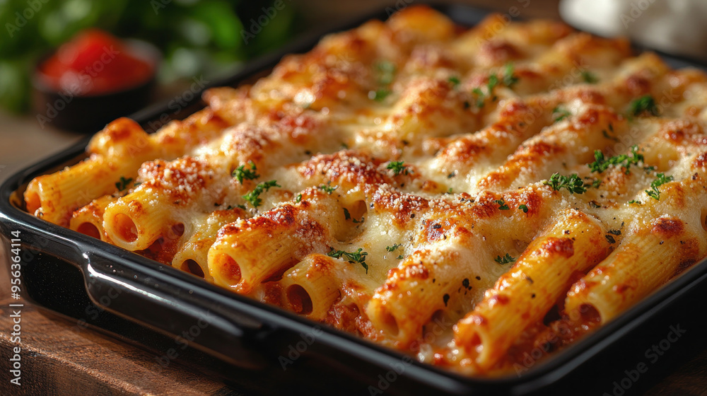Baked Ziti: Ziti pasta baked with marinara sauce, ricotta cheese, and mozzarella, served bubbling and golden from the oven.