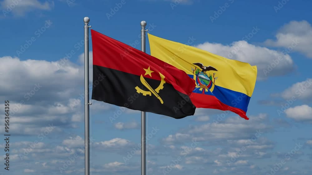 Ecuador and Angola flags flying together, video concept of the relationship, two country relations concept Ecuador and Angola flags flying together, video concept of the relationship, two country relations concept