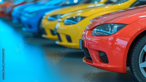 Row of Brand New Cars in Dealership Showroom. Modern Vehicles Available for Purchase.