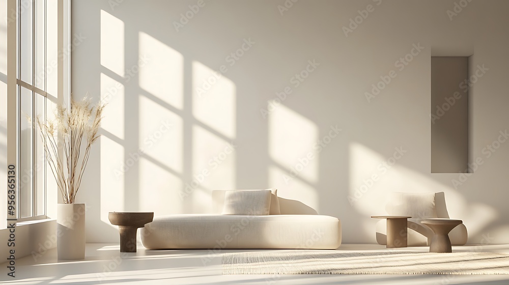 Minimalist Living Room with Modern Furniture and Natural Light, Ample Text Space on Wall Minimalist Living Room with Modern Furniture and Natural Light, Ample Text Space on Wall