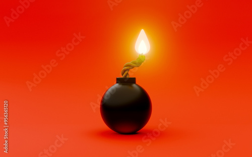 A bomb with a fuse lit on a red background