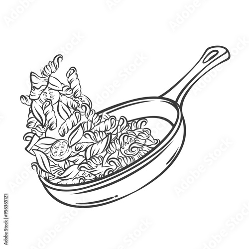 Slices of vegetables, meat and fusilli pasta flying in pan line icon. Tossing ingredients in frying pan to cook. Italian cuisine, cooking process mascot, hand drawn dinner food vector illustration