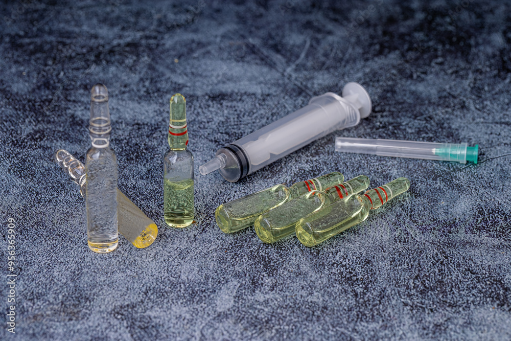 Vaccines, glass ampoules, glass vials containing clear liquid, a syringe, and an insulated hypodermic needle