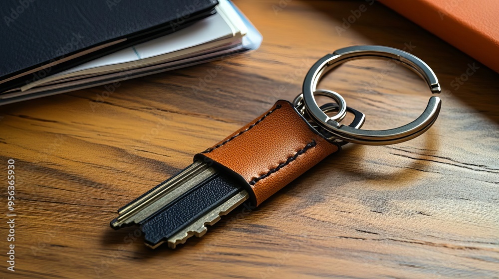 Leather keychain with keys and a key ring on a wooden table. Leather keychain with keys and a key ring on a wooden table.