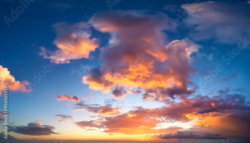 Sunset sky with a few clouds. The sky is very bright and the clouds are scattered throughout