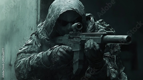 Soldier in tactical gear aiming a rifle in a dark urban environment at night photo