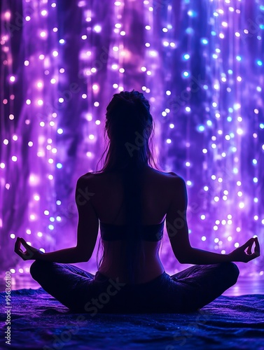 Silhouette of a woman meditating in lotus pose against a fantastical cosmic space background with abstract vibrant art new beautiful stock image illustration AI