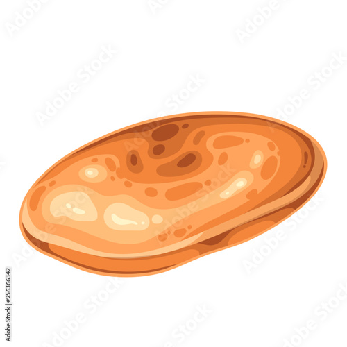 One golden cartoon pancake. Side view of single cereal hot cake fried in pan. Healthy breakfast food eating and cooking, American cuisine menu mascot, cartoon morning pancake vector illustration