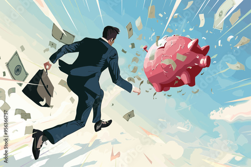 Businessman Chasing Flying Deflating Piggy Bank Losing Money in Economic Crisis