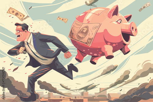 Businessman Chasing Flying Deflating Piggy Bank Losing Money in Economic Crisis