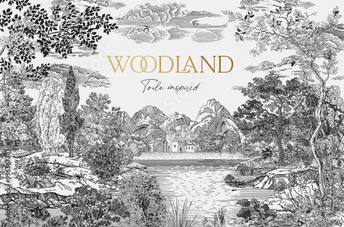 Card. Woodland. Vector vintage illustration. Black and white