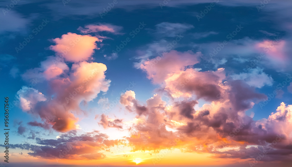Sunset sky with a few clouds. The sky is very bright and the clouds are scattered throughout Sunset sky with a few clouds. The sky is very bright and the clouds are scattered throughout