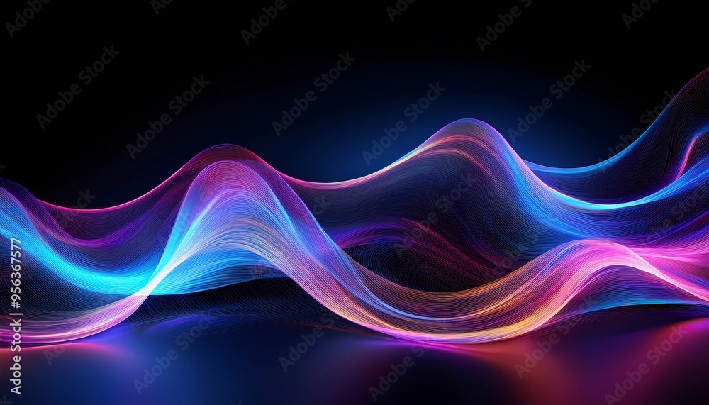 big neon wave background for design; light painting on black backdrop, flash and smoke big neon wave background for design; light painting on black backdrop, flash and smoke