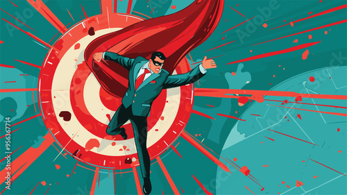 Determined businessman superhero flying through targets, achieving goals with leadership and motivation