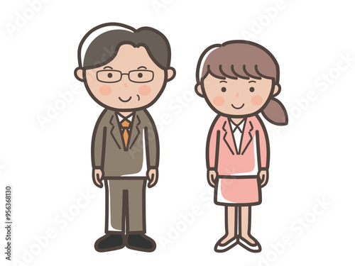 正面を向いて立つスーツ姿の男女ビジネスマンの全身イラスト_上司と部下セット