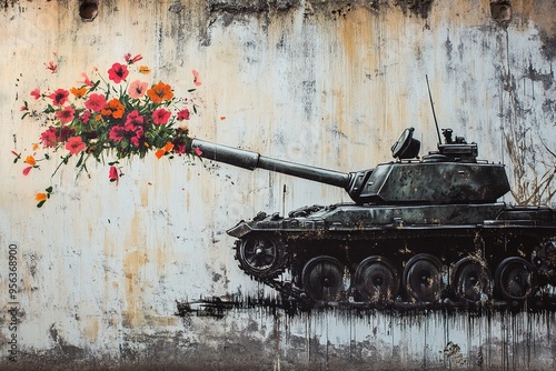 Tank with flower bouquet on urban wall, peace concept
