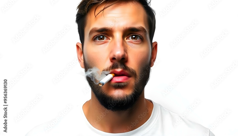 Fototapeta premium Smoking bad habits cigarettes drugs, a man with a cigarette in his mouth isolated on a white background