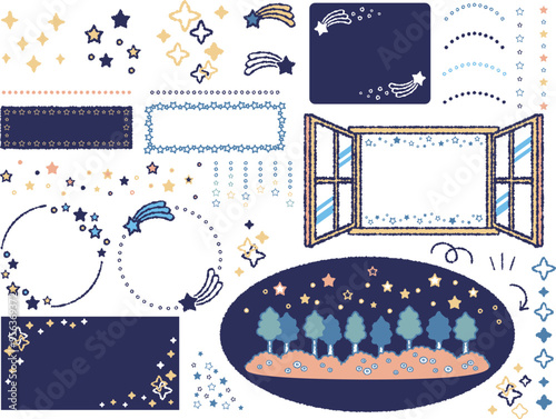 星の装飾枠などの素材セット【カラーイラスト】